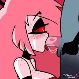 1_eye 1boy 1girls animated anthro artist_name blowjob blue_body blush cherri_bomb cherri_bomb_(hazbin_hotel) cherri_bomber crossover female femboy femboy_on_female freckles freckles_on_face freckles_on_shoulders gif hazbin_hotel hellaverse helluva_boss male penis pink_penis slow_sex stolas_(helluva_boss) tagme tongue tongue_out tongue_out_blowjob vivienne_medrano vivziepop watermark white_body