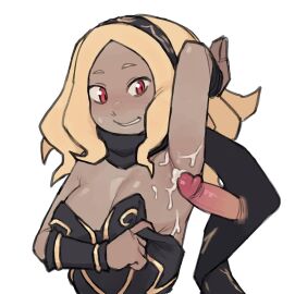 1boy 1girls arm_up armpit armpit_sex armpits blonde_hair breasts cleavage cum cum_on_armpit female fetish gravity_rush kat_(gravity_rush) male penis red_eyes ruka481