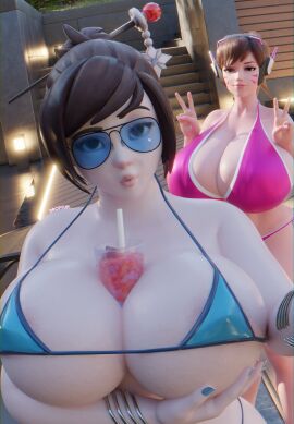 2girls 3d asian asian_female big_breasts bikini blue_nail_polish blue_nails breasts brown-haired_female brown_hair brunette chinese chinese_female d.va dropyuh_(artist) female female_focus female_only glasses hana_song korean korean_female light-skinned_female light_skin long_fingernails mei_(overwatch) mei_ling_zhou outside overwatch overwatch_2 scrag_d.va