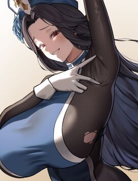 absurdres arm_up armpits black_hair bodystocking braid braided_ponytail breasts female flower gloves goddess_of_victory:_nikke hair_flower hair_ornament highres huge_breasts ice_flower long_hair looking_at_viewer maiden_(ice_rose)_(nikke) maiden_(nikke) nsd_(neangsadu) official_alternate_costume presenting_armpit red_eyes smile solo spread_armpit torn_bodystocking torn_clothes very_long_hair white_gloves