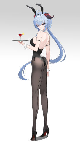 1girls :o absurd_res absurdres armband ass ass_cleavage ass_crack back bare_armpits bare_arms bare_back bare_hands bare_shoulders bare_skin belly black_armband black_bunny_ears black_bunnygirl_costume black_bunnysuit black_high_heels black_legwear black_pantyhose black_shoes blue-haired_female blue_eyebrows blue_hair breasts bunny_ears bunny_girl bunny_tail bunnygirl_outfit butt_crack butt_crack_outline collar dot_nose elbows eyebrows_visible_through_hair feet female female_focus female_only fingernails fingers full_body ganyu_(genshin_impact) genshin_impact grey_background groin hair_between_eyes high_heels high_resolution highres horn horns hourglass_figure kneepits knees legs legwear light-skinned_female light_skin long_hair long_legs looking_at_viewer looking_back medium_breasts pantyhose purple-eyed_female purple_eyes red_horn red_horns rella2930 rikui_(rella2930) shoes shoulders sideboob simple_background slender_body slender_waist slim_female slim_waist solo standing thick_ass thick_thighs thighs thin_waist tray v-line very_long_hair white_background white_collar white_wrist_cuffs wide_hips wrist_cuffs