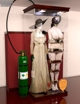 1girls 3d alcina_dimitrescu bound bound_arms bound_legs female female_only full_body mannequin nude nude_female pale_skin resident_evil resident_evil_8:_village solo taller_female thejpeger trophy_case unconscious unconscious_female