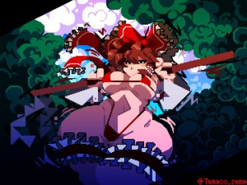 2025 artist_name background big_breasts big_thighs bikini bikini_bottom bikini_top black_border breasts brown_hair curvy curvy_female curvy_figure female hair_ribbon holding_object human light-skinned_female light_skin looking_at_viewer looking_down looking_down_at_viewer low-angle_view outdoors pixel_art red_bikini red_eyes reimu_hakurei revealing_clothes sky tamaco thick_thighs thighhighs touhou trees wide_hips