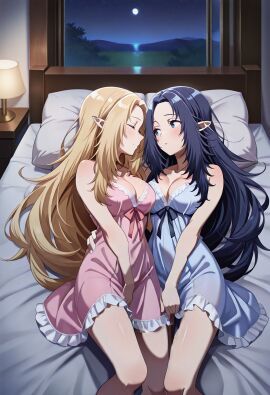 2girls ai_generated alpha_(the_eminence_in_shadow) big_breasts elf elvira:_mistress_of_the_dark gamma_(the_eminence_in_shadow) not_porn sun//eater