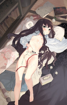 artificial_vagina black_hair blush body_writing breasts commentary_request convenient_censoring cum cum_on_chest female green_eyes hair_spread_out henry_bird_9 highres hitachi_magic_wand long_hair looking_at_viewer lying marker nipples on_back on_floor open_clothes open_shirt original sex_toy shirt small_breasts smile solo sweat tatami translated used_tissue vibrator white_shirt