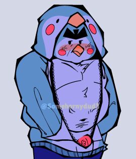 absurd_res angry_face artist_name belly belly_button big_penis blue_body brawl_stars erection_under_clothes fat gay highres male mr._p_(brawl_stars) penguin penguin_hood penis simple_background somehornydud3 tagme unibrow