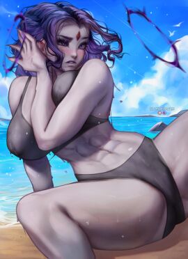 1girls abs bare_arms bare_legs bare_shoulders bare_thighs beach big_breasts blush blushedarts breasts clothed clothing color dc dc_comics female female_focus female_only fit fit_female hi_res large_breasts looking_at_viewer muscles muscular muscular_female one-piece_swimsuit purple_eyes purple_hair raven_(dc) sand sea short_hair solo solo_female swimwear tagme teen_titans thick_thighs water