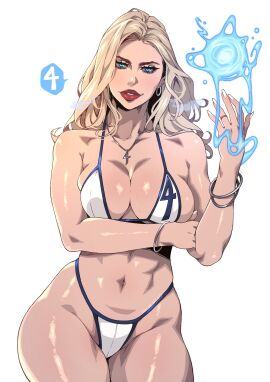 1girls abs athletic_female big_breasts bikini blonde_hair breasts camtheartguy fantastic_four female female_focus female_human female_only fit_female full_lips human invisible_woman large_breasts light-skinned_female light_skin looking_at_viewer marvel marvel_comics mature_female slim_waist solo sue_richards sue_storm superheroine swimsuit thick_thighs thighs veins veiny_breasts white_background wide_hipsvein