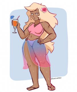 beach_wear beverage blonde_hair breasts clothed clothing covered_breasts female holding_drink jasper_(steven_universe) long_hair nonchalant sexy slim_thick steven_universe succucrazy tan_skin wide_hips