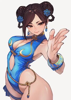 1girls ap_cammy brown_hair chun-li cleavage double_bun eyeliner female leotard official_alternate_costume one_piece_swimsuit simple_background smile stomach_cutout street_fighter street_fighter_6 swimsuit tagme thick_thighs thigh_strap white_background