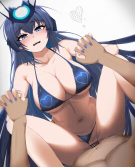 1boy 1girls 70hz absurdres azur_lane bar_censor bikini blue_bikini blue_eyes blue_hair blue_nails breasts censored cleavage collarbone cowgirl_position eagle_union_(azur_lane) english_commentary female headgear highres huge_breasts interlocked_fingers light-skinned_female light-skinned_male light_skin long_hair male nail_polish new_jersey_(azur_lane) pussy sex simple_background solo straight swimsuit thong_bikini vaginal_penetration very_long_hair white_background