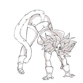 ass ass_up big_breasts big_thighs breasts cat_stretch dragon_ball dragon_ball_super dragon_ball_z embrassed female gloves monkey_tail oc saiyan shorts stockings sweatdrop tail thunder_thighs