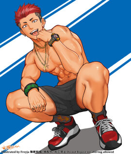1boy abs cocky ear_piercing earrings elbow_on_knee finger_tattoo freyja_oekaki head_on_hand legs_apart looking_at_viewer looking_down looking_down_at_viewer low-angle_view male male_only mischievous_smile muscular muscular_arms muscular_male muscular_thighs navel navel_piercing necklace nipple_piercing nipples open_mouth open_mouth_smile original_character pecs piercing pov pov_eye_contact red_hair shoes shorts smile smiling_at_viewer socks socks_and_shoes solo solo_male squatting standing_over_viewer sticking_out_tongue tattoo teeth tongue tongue_out tongue_piercing topless undercut watch watermark wristband