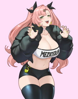 1girls 2024 2d big_breasts breasts breasts_out digital_media_(artwork) earrings female female_focus female_only green_eyes green_nails highres hoyoverse jacket jacket_only jacket_open large_breasts legwear light-skinned_female light_skin long_hair meziosaur mihoyo nicole_demara open_mouth pink_hair revealing_clothes sfw short_pants simple_background streetwear thick_thighs thighs tight_pants twintails video_game_character video_games zenless_zone_zero