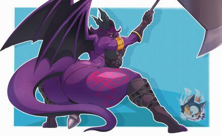 absurd_res anthro ass axe big_ass big_breasts big_butt bikini bikini_thong breasts clothing crouching dragon female hi_res holding_melee_weapon holding_object holding_weapon huge_ass huge_butt melee_weapon membrane_(anatomy) membranous_wings mr._deathcat mythological_creature mythological_scalie mythology purple_body scalie solo swimwear two-piece_swimsuit weapon wings