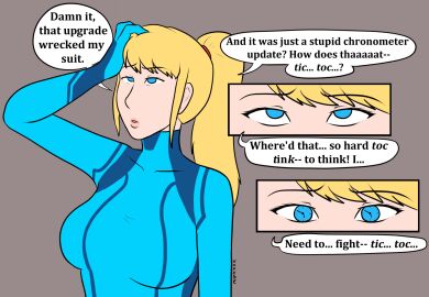 before_transformation blonde_hair blue_eyes bodysuit clock comic confused dialogue eyelashes female femsub hand_on_head long_hair metroid nintendo ponytail pre-transformation resisting samus_aran signature simple_background source_request speech_bubble suit symbol_in_eyes tagme text tick-tock_saying tied_hair transformation xxxx52 zero_suit