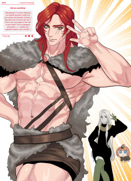 2boys armor bara barbarian big_pecs enki_ankarian eriurias73 facial_scar fear_and_hunger female fur_armor long-haired_male long_hair male male_focus miniskirt muscular muscular_male pecs ragnvaldr red_hair revealing_clothes scar scar_across_eye skirt smile solo_focus the_girl_(fear_and_hunger) thick_thighs v_sign yaoi yellow_eyes
