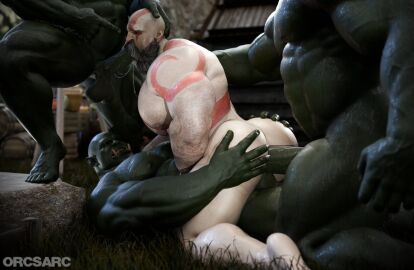 3boys 3d balls bara gay god_of_war kratos male male/male male_only muscular muscular_male naked nude older_male orc orcsarc pecs penis sex threesome yaoi