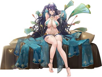 anklet armpits arms_behind_head arms_up azur_lane barefoot black_background black_hair breast_curtains breasts cg chi_an_(azur_lane) chi_an_(exotic_dreamland)_(azur_lane) feet female full_body hair_between_eyes hair_ornament jewelry large_breasts legs long_hair looking_at_viewer mole navel official_art open_mouth pillow purple_eyes purple_hair revealing_clothes simple_background sitting smile solo thighlet thighs toenails toes very_long_hair