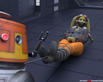 1girls 3d bondage clothed_bondage female female_only fully_clothed fully_clothed_female gagged green-skinned_female green_skin hera_syndulla rendereddefenseless robot star_wars star_wars_rebels twi'lek