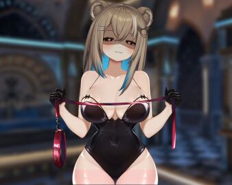 big_breasts breasts collar collarbone female hazumi_aileen large_breasts lion_ears lion_girl thick_thighs virtual_youtuber