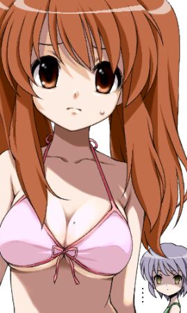2girls asahina_mikuru bad_link bikini breast_envy breasts brown_eyes cleavage female female_only long_hair looking_at_another looking_at_viewer lowres maskman medium_breasts mole mole_on_breast multiple_females multiple_girls nagato_yuki oekaki orange_hair short_hair suzumiya_haruhi_no_yuuutsu swimsuit yellow_eyes