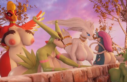 3d anthro areola ass big_ass big_breasts big_butt biped blue_body breasts digital_media_(artwork) female furry generation_2_pokemon generation_5_pokemon genitals green_body group hi_res ho-oh ho-oh_(morethreedee) huge_breasts legendary_pokemon nintendo nipples outside pink_areola pink_nipples plant pokemon pokemon_(species) pussy red_body reshiram serperior suicune thick_thighs tree virizion white_body xlkev