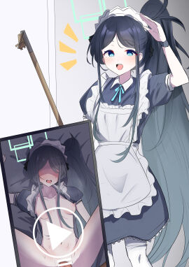 absurdres apron aris_(blue_archive) aris_(maid)_(blue_archive) black_dress black_shrug blue_archive blue_eyes blue_halo blush bottomless breasts censored commentary_request dress female halo highres long_hair looking_at_viewer maid_apron maid_headdress no_eyes nude official_alternate_costume official_alternate_hairstyle open_mouth pantyhose salute sex short_sleeves shrug_(clothing) side_ponytail small_breasts solo straight teik0p vaginal_penetration very_long_hair white_pantyhose