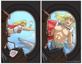 !? 1boy 1girls 2_panel_comic 2koma blonde_hair blue_eyes breasts breasts_out comic crimsonnoodle dc dc_comics dcau exhibitionism female female_pervert flashing flashing_breasts flying justice_league male medium_breasts nipples one_eye_closed onomatopoeia supergirl supergirl_(dcau) superman:_the_animated_series superman_(series) tongue tongue_out watermark window