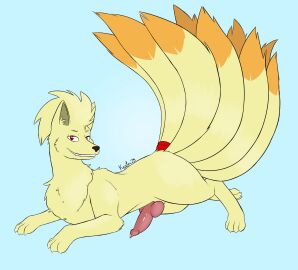 2025 accessory animal_genitalia animal_penis canid canine canine_genitalia canine_penis feral fluffy fluffy_chest fox fur furgonomics generation_1_pokemon genitals head_tuft hi_res kerilyn knot knotted_penis looking_at_viewer male multi_tail ninetales nintendo outstretched_leg penis pokemon pokemon_(species) smile solo solo_focus tail tail_accessory tailband tuft yellow_body yellow_fur