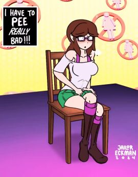 1girls animated bra_strap breasts brown_hair english_text female glasses green_skirt hand_between_legs harlyn_(jailor_eckman) have_to_pee jailor_eckman legs_crossed original sitting skirt tagme video white_shirt
