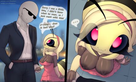 anon anonymous_male antennae_(anatomy) anthro areolae bee big_areola big_nipples blossom_(thousandfoldfeathers) cleavage cleavage_overflow dark_nipples dress female hand_holding huge_areolae huge_nipples male nipple_slip thousandfoldfeathers wardrobe_malfunction