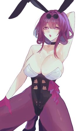 adapted_costume animal_ears arm_behind_head bare_shoulders black_choker black_leotard breasts choker cleavage commentary commentary_request english_commentary eyewear_on_head fake_animal_ears female gnu36 highres honkai:_star_rail honkai_(series) kafka_(honkai:_star_rail) large_breasts leotard looking_at_viewer mixed-language_commentary pantyhose purple_eyes purple_hair purple_pantyhose rabbit_ears short_hair simple_background solo white_background