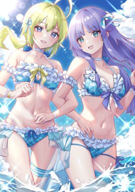 2girls amano_soraha aqua_eyes arm_garter assault_lily banshouya_ena bikini blonde_hair blue_bikini blue_eyes blue_ribbon blue_sky bracelet breasts cloud female hair_ribbon houji_tea_latte locked_arms long_hair looking_at_viewer medium_breasts navel ocean official_alternate_costume outdoors parted_lips pearl_bracelet plaid plaid_bikini ponytail purple_hair sky swimsuit thigh_strap wristband