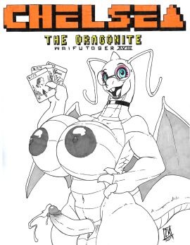 anthro areola big_breasts bimbo_anthro blue_eyes bodily_fluids breasts buckteeth choker collar dragonite erection eyeshadow eyewear futanari generation_1_pokemon genital_fluids genitals glasses hi_res intersex jewelry lips makeup necklace nerd nintendo nipple_dip nipples non-mammal_breasts non-mammal_nipples penis pokemon pokemon_(species) precum purple_eyeshadow restricted_palette solo teeth thick_bottom_lip zwitterkitsune