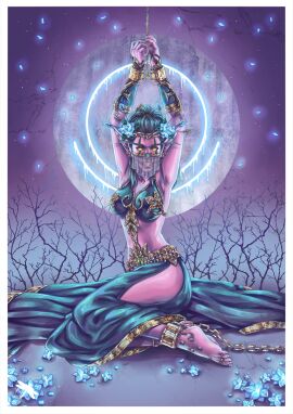 1girls armpits arms_up ball_gag belly_dancer belly_dancer_outfit blue_eyes bondage bound bracelet collar elf elf_ears elf_female female female_only femsub fully_clothed gag gold_eyes harem_girl harem_outfit kikoburza pupilless_eyes purple_skin revealing_clothes slave slave_collar slave_girl slave_outfit steel_bondage veil warcraft world_of_warcraft