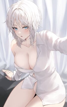 1girls big_breasts blue_eyes breasts cleavage eonyan faust_(limbus_company) female limbus_company open_clothes open_shirt project_moon shirt short_hair sitting thighs white_hair
