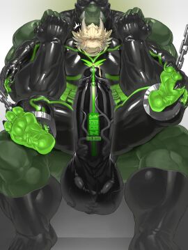 anthro anus_outline balls bent_over big_balls big_penis black_latex blush bodily_fluids carrying_another carrying_partner chained_cuffs clothing cuff_(restraint) dragon duo embarrassed erection foreskin front_view genital_fluids genitals giant_sperm green_body green_latex grimace hi_res huge_balls huge_cock latex latex_clothing latex_legwear latex_skinsuit latex_stockings legwear lock_symbol luke_c419 male male/male male_only mask muscular muscular_male mythological_creature mythological_scalie mythology orc pecs penis precum restraints retracted_foreskin scalie scared shackles shocked simple_background sitting skinsuit spread_legs spreading stockings sweat tight_clothing uncircumcised vein veiny_penis white_body
