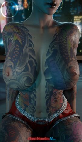 1boy 1girls 3d bed blender breast_focus breasts breasts_out cheri_nowlin cyberpunk_2077 dialogue english_text female male middlemansfm pov subtitled tattoo tattoo_on_chest tattoos tattoos_everywhere yakuza_tattoo