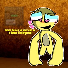 background big_hands legless lemon lemon_hemon lemon_kindergarten male male_only mascot penis precum roblox roblox_game tagme tentacle_dick tentacle_penis text yellow_body