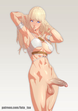 1futa balls big_breasts big_penis blonde_hair blue_eyes bottomless breasts clothed clothing final_fantasy final_fantasy_xiv futa_only futanari half-erect horny human intersex light-skinned_futa light_skin long_hair lyse_hext mostly_nude paid_reward pale_skin penis solo standing tomoyuki_kotani