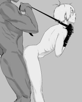 2boys anal anal_sex asphyxiation bondage bondage_gear collar dark-skinned_male dark_skin dilf gay gegege_no_kitarou implied_anal kitarou_tanjou_gegege_no_nazo leash leash_pull light-skinned_male light_skin male male_only medama_oyaji_(human) monochrome muscular muscular_male no_visible_genitalia open_mouth profile questionable_consent restrained rinshi_(pixiv) side_view skinny solo_focus sweat twink yaoi