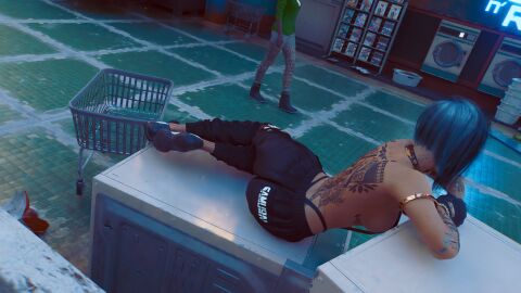 3d bikini bikini_top breasts breasts_out cyberpunk_2077 female female_focus female_only panties tattoo v_(cyberpunk_2077) valerie_(cyberpunk_2077) white_hair