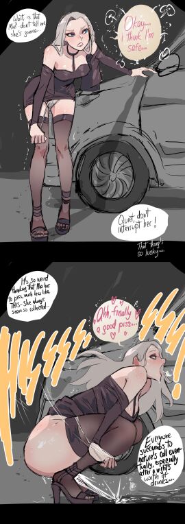 1girls ass biku black_thighhighs blue_eyes blush breasts car english_text female have_to_pee large_ass long_hair mia_(biku) onomatopoeia open_mouth original panties panty_pull panty_pulled_by_self pee_puddle pee_squat_outdoors peeing peeing_on_ground puddle relief relieved shiny_skin solo solo_female solo_focus speech_bubble squatting stained_panties stained_thong sweat text text_bubble thighhighs thong thong_pull underwear wet wet_panties wet_thong white_hair white_panties white_thong white_underwear