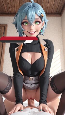 1boy ahoge ai_generated animated artist_request belle_(zenless_zone_zero) belt black_sweater black_thighhighs blue_hair breasts cleavage cleavage_cutout clothed_sex clothes_lift clothing_cutout cowgirl_position crossed_bangs earrings female garter_straps green_eyes hair_between_eyes hair_ornament hairclip hands_on_another's_chest indoors jewelry large_breasts long_sleeves looking_at_viewer loop looping_animation motion_lines parted_lips patreon_username penis pov pussy sex short_hair skirt skirt_lift smile solo_focus squatting_cowgirl_position straddling straight sweater tagme teeth thighhighs uncensored vaginal_penetration video white_shirt zenless_zone_zero