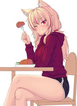 1female 1girl :3 big_ass blonde_hair booty_shorts cat_ears cat_tail catgirl chair dolphin_shorts ear_fluff eating female female_focus female_only fork legs_crossed looking_at_viewer no_tail nottytiffy original original_character patreon patreon_reward red_eyes red_hoodie safe safe_for_work simple_background solo solo_female table thighs tiffy tiffynyaa twintails white_background wink