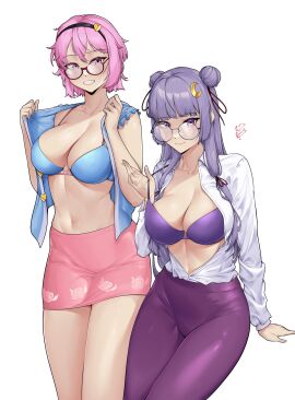 2girls artist_name bare_arms bare_shoulders black_hairband blue_shirt bra breasts cowboy_shot damobelmont double_bun female floral_print grin hair_bun hair_ornament hairband heart heart_hair_ornament highres komeiji_satori large_breasts leggings looking_at_viewer miniskirt multiple_females multiple_girls navel no_headwear open_clothes open_shirt pants patchouli_knowledge pencil_skirt pink_bra pink_eyes pink_hair pink_skirt purple_bra purple_eyes purple_hair purple_pants shirt short_hair simple_background skirt sleeveless sleeveless_shirt smile standing stomach thighs touhou underwear white_background white_shirt