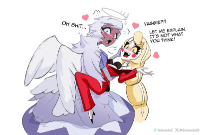 2girls angel bra breasts caught charlie_morningstar_(hazbin_hotel) cheating cheating_girlfriend demon demon_girl dialogue emily_(hazbin_hotel) english english_text female female/female grimmie02 hazbin_hotel netorare speech tagme text wings yuri