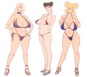 3girls alternate_breast_size arms_at_sides arms_behind_back bare_legs bare_midriff bare_shoulders big_breasts bikini bikini_bottom bikini_top blonde_hair blue_eyes blunt_bangs blush boruto:_naruto_next_generations breasts breasts_bigger_than_head brown_eyes brown_hair cameltoe cleavage double_bun female female_only full_body green_eyes hair_over_one_eye hands_on_hips heels high_heels ino_yamanaka jnsdh large_breasts lipstick long_hair makeup mature mature_female midriff milf multiple_females multiple_girls naruto naruto_(series) oppai parted_bangs pinup plain_background ponytail pussy quad_tails revealing_swimsuit sagging_breasts simple_background smile swimsuit take_your_pick temari tenten twin_buns twintails very_long_hair voluptuous voluptuous_female white_background wide_hips wife yellow_hair