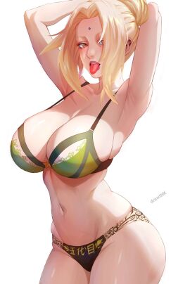 1girls alternate_costume alternate_hairstyle armpits arms_behind_back artist_name big_breasts bikini blonde_hair breasts brown_eyes cleavage commentary drawink english_commentary facial_mark female forehead_mark green_bikini highres large_breasts lips long_hair naruto naruto_(series) navel open_mouth pink_lips ponytail simple_background solo stomach swimsuit teeth tongue tongue_out tsunade upper_teeth voluptuous white_background